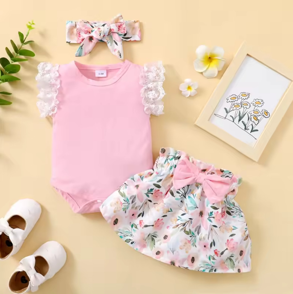 Pink Baby Girl Summer Daily Clothes Set Fly Sleeve Romper Top + Flowers Skirt