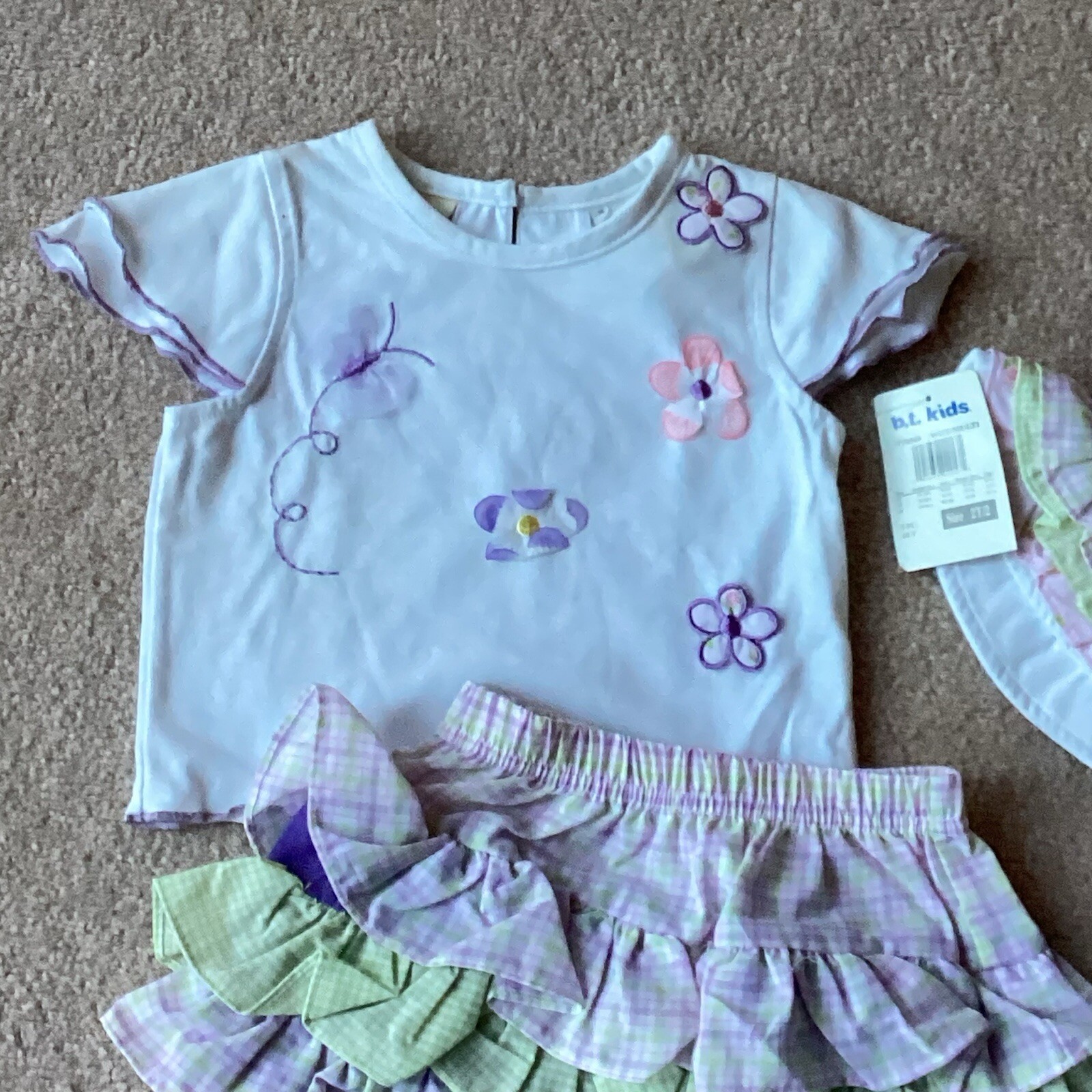 B.T. KIDS OUTFIT, 2/2T, NWT, TOP/ LAYERED OR TIERED SKIRT/ HAT, CHECKED, FLOWERS