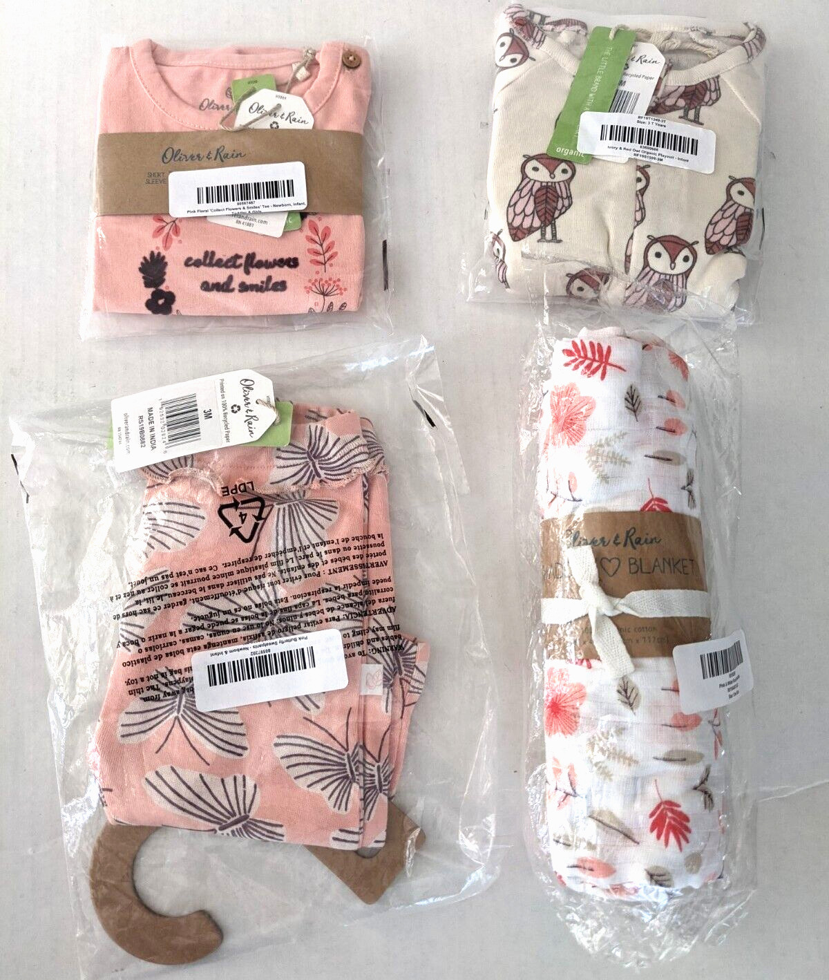 Oliver & Rain 3M Newborn Girl Lot of 4 Swaddle Blanket Body Suit T-Shirt Pants