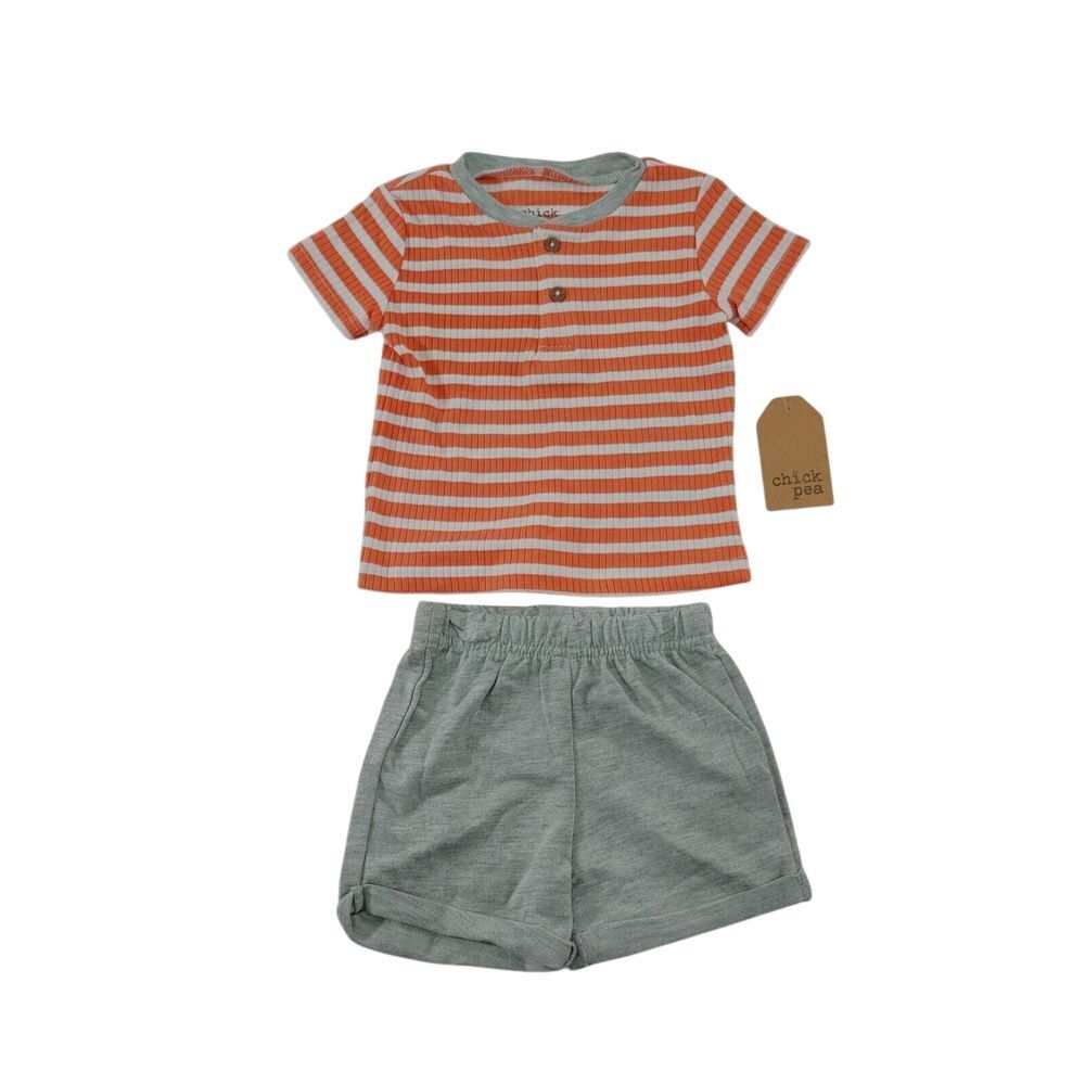 Orange Striped Henley T-Shirt & Gray Cotton Shorts Summer Casual Set Size 6-9 M