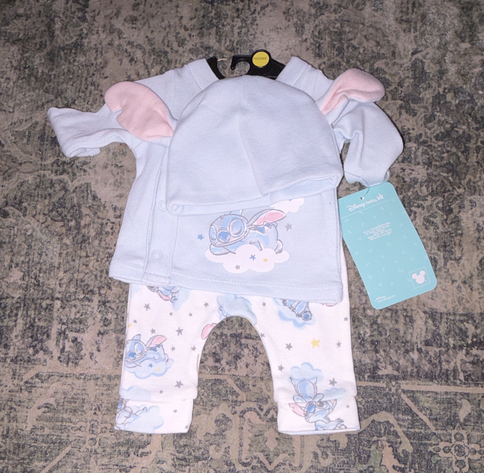 Disney Baby Stitch 3pc Preemie Pants Set Long Sleeve Cotton Knit Blue/White