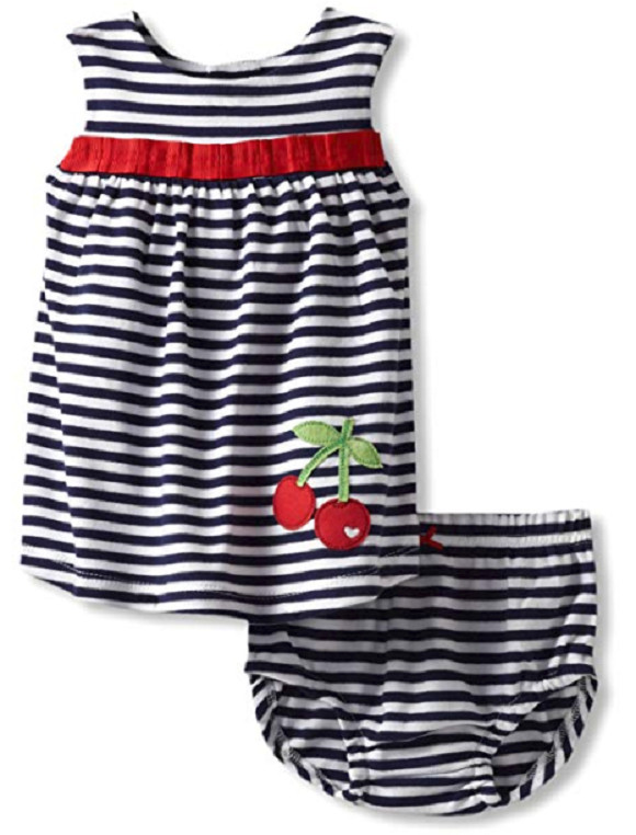 HARTSTRINGS GIRLS NEWBORN DRESS AND DIAPER COVER SET, BLUE STRIPE, 12 MONTHS