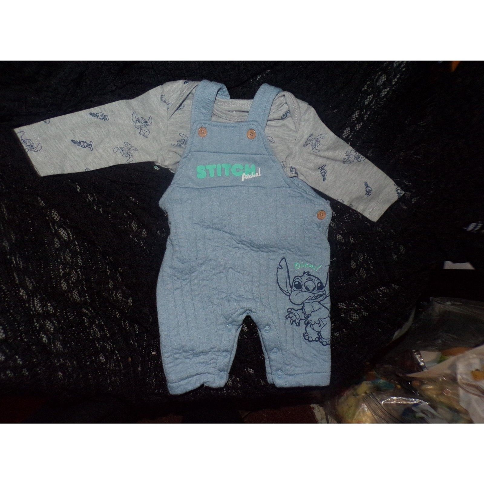 Baby Disney Stitch overalls and shirt Lilo and Stitch size 0/3 month blue grey
