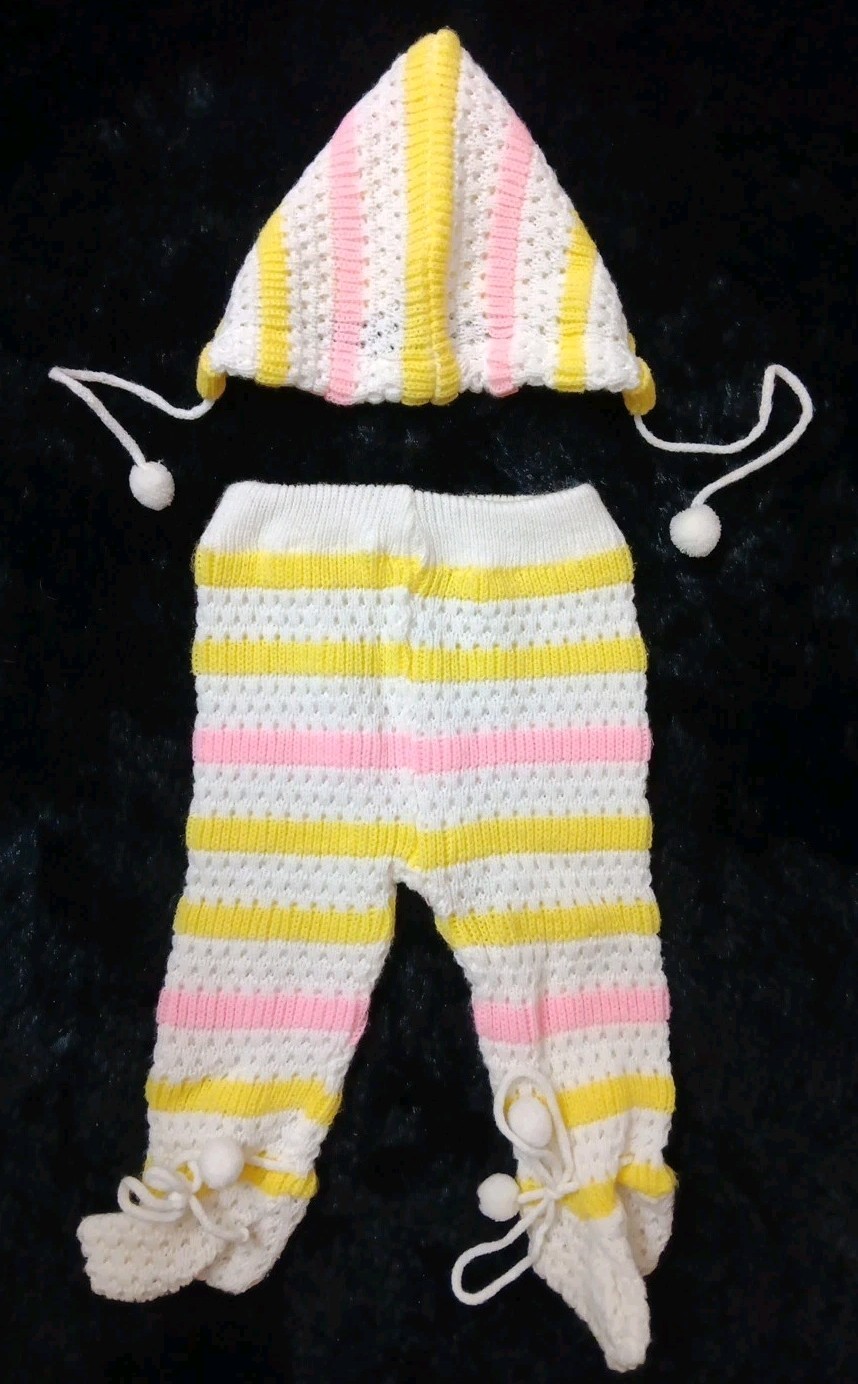 vtg Pink Knitted Baby Pants and bonnet hat girl yellow white striped made Japan