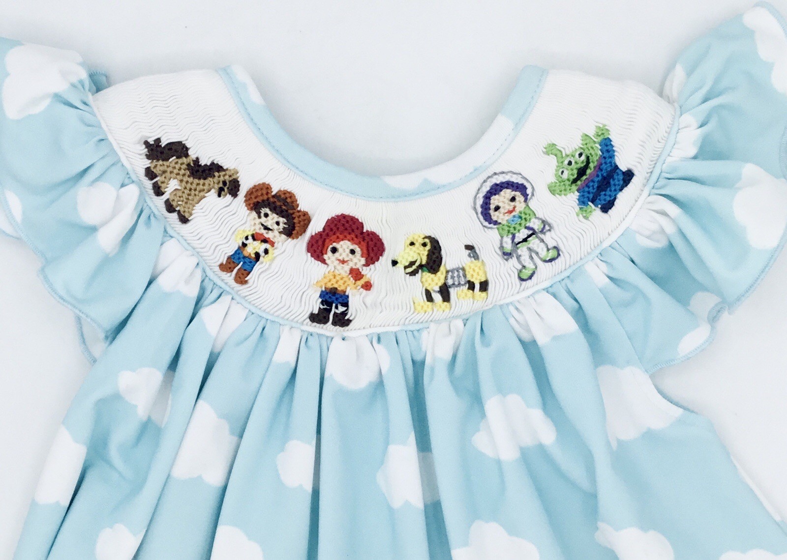 Smocked Cowboy and Friends Cloud Bishop Dress/Bloomer Set, Sz 12M