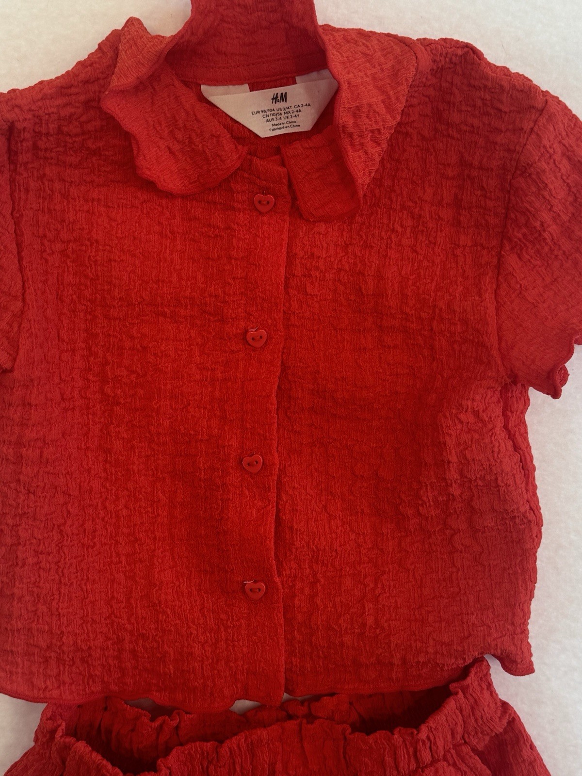 H&M Toddler 3–4Y Summer Set – Red Textured Button Top & Shorts