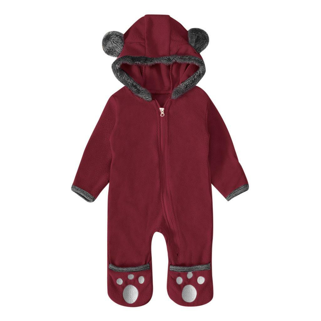 Boys Girls Bear Feet Polar Fleece Hooded Bodysuit Romper Jumpsuit Newborn Baby