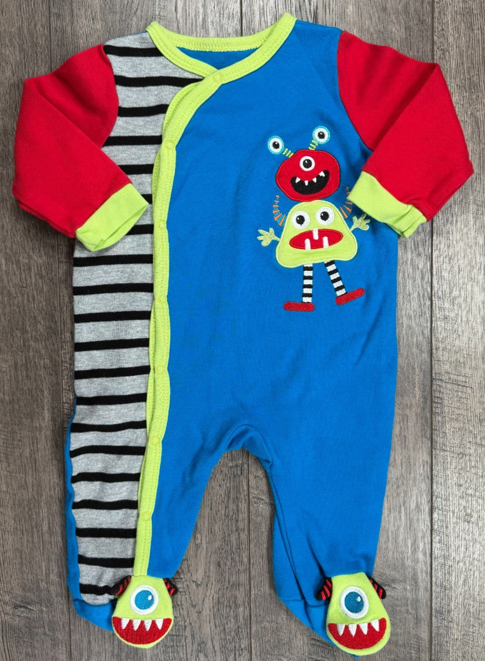 Baby Boy Clothes Nuby 6-9 Month Colorful Monster Footed Outfit.