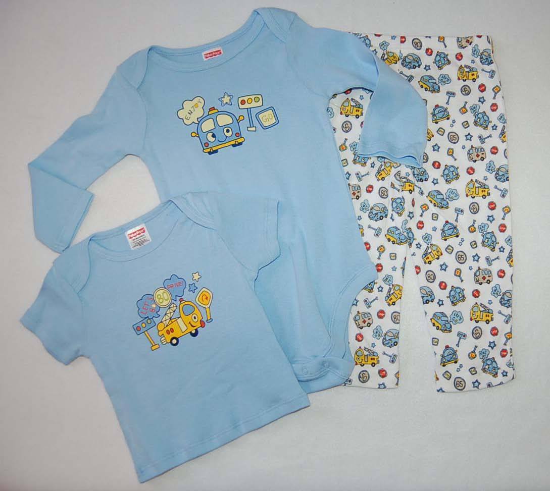 Baby Boys 3 PC OUTFIT Blue L/S BODYSUIT, S/S T-SHIRT, PANTS Vehicles Cars 0-3 MO