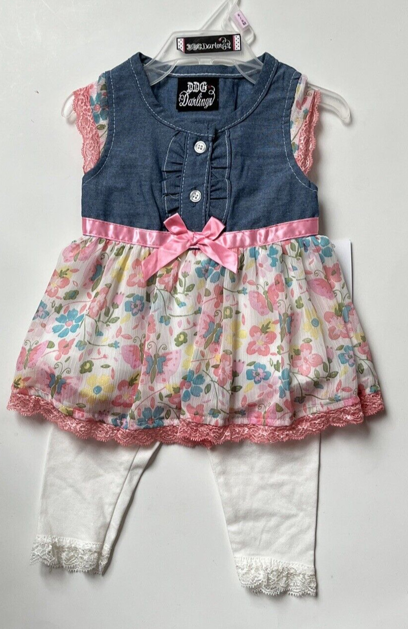 DDG Darlings Denim/Floral Top & White Legging-Girl’s Size 6/9m NEW
