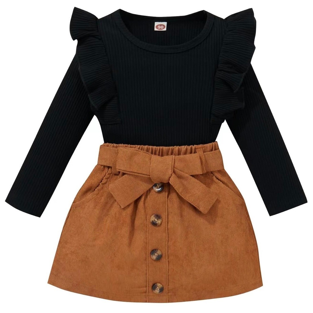 Girls Black Ruffle Ribbed Bodysuit and Tan Corduroy Skirt Set 12-18M with Belt