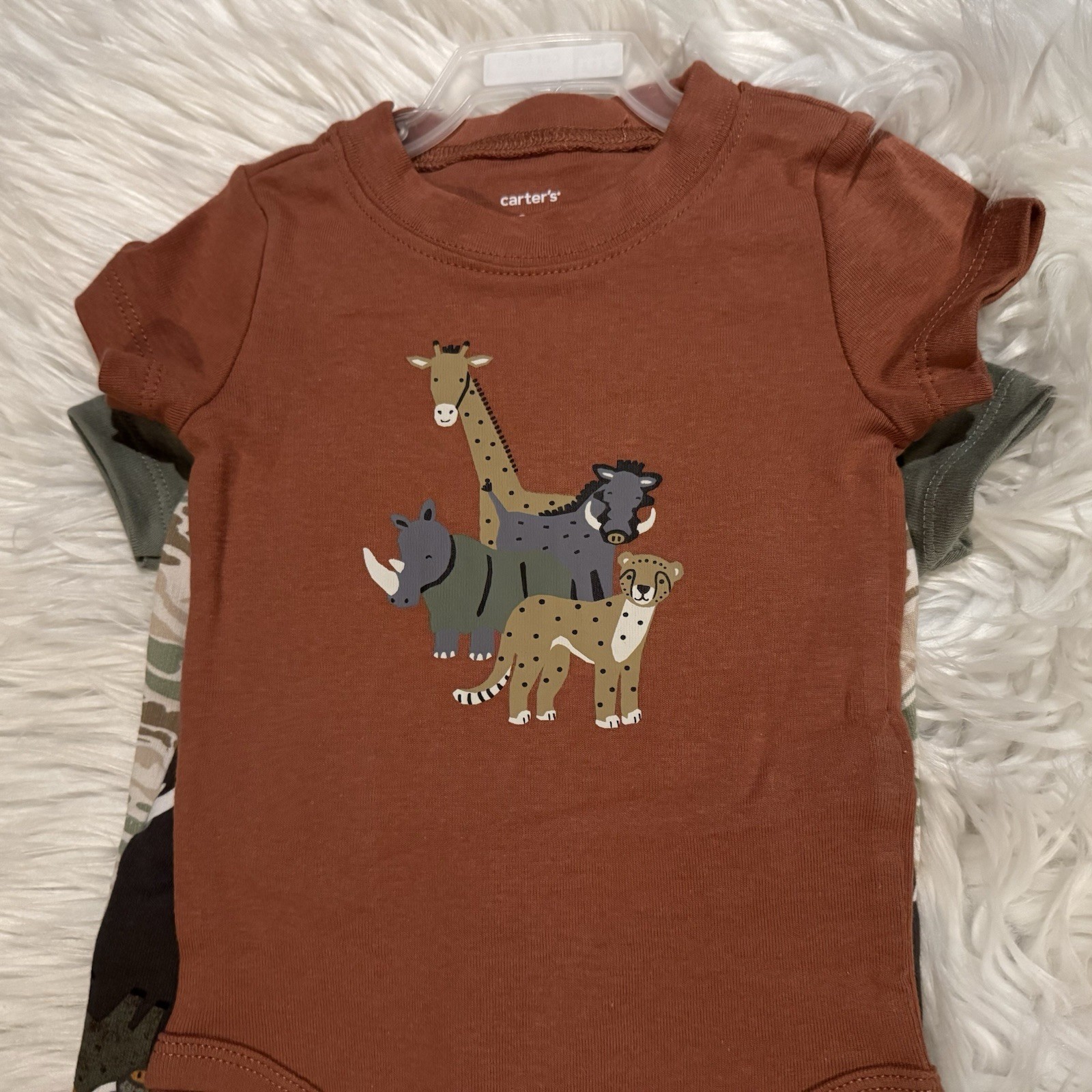 Carter’s 4pc Bodysuit Pants Set Baby Boy 9M Green Brown Safari Animals NEW