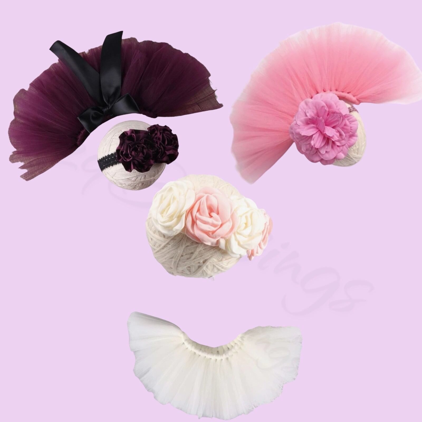 Newborn Baby Girl Tutu Skirt & Flower Headband Photo Prop -Pink, Purple, White