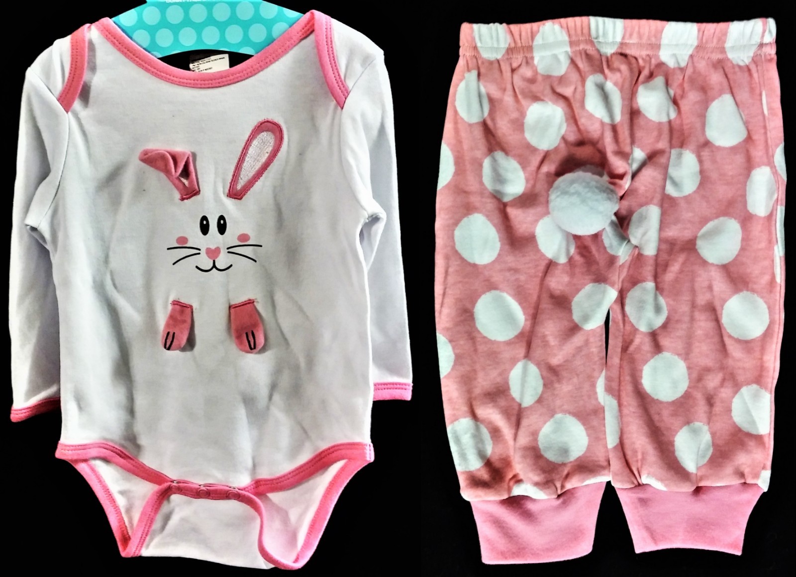NWT Little Wishes L/S 2 Piece Set, Bunny Face & Polka Dots, Baby Girl 12 Mo+