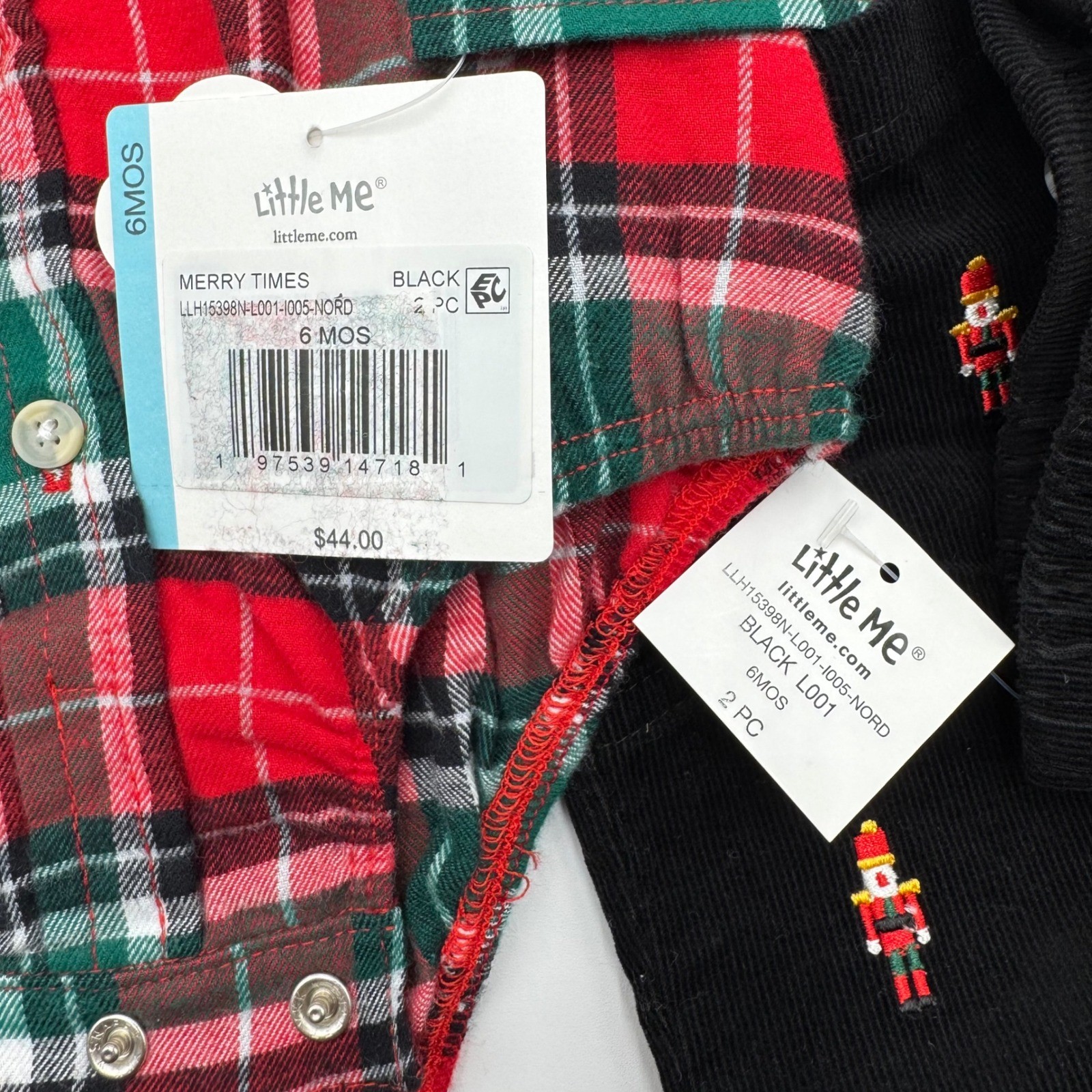 NEW Little Me Baby Plaid Red Green Bodysuit Black Nutcracker Pants Outfit Set 6M