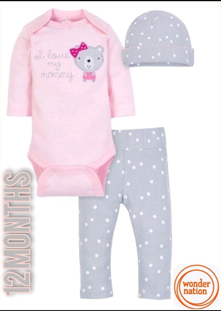 Wonder Nation Baby Girl 3pc Set W/ bodysuit, Pants, And Hat. Size: 12months. NWT