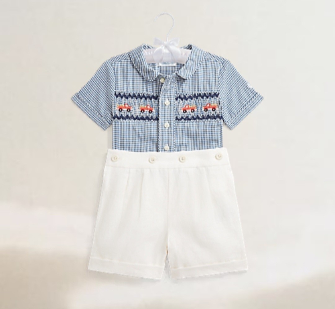 Polo Ralph Lauren 24m Gingham Smocked Truck Cotton Shirt & Linen Short Set $225