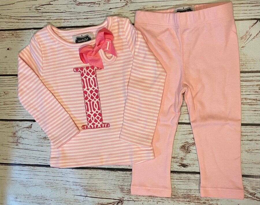 Mud Pie Initial Baby Girl I Tunic & Legging Set with Hair Bow 0-6 Months