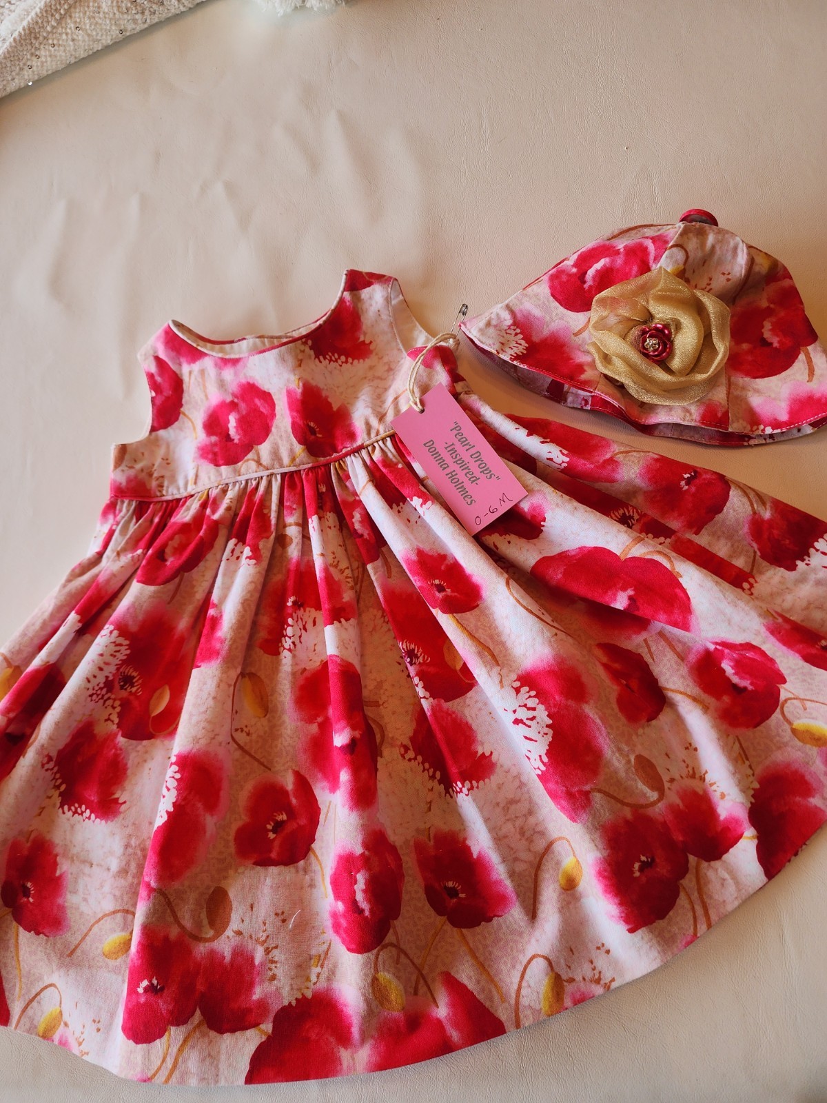 New, one of a kind, Infant 0-6M Dress & Hat, Floral, quality made by seller.