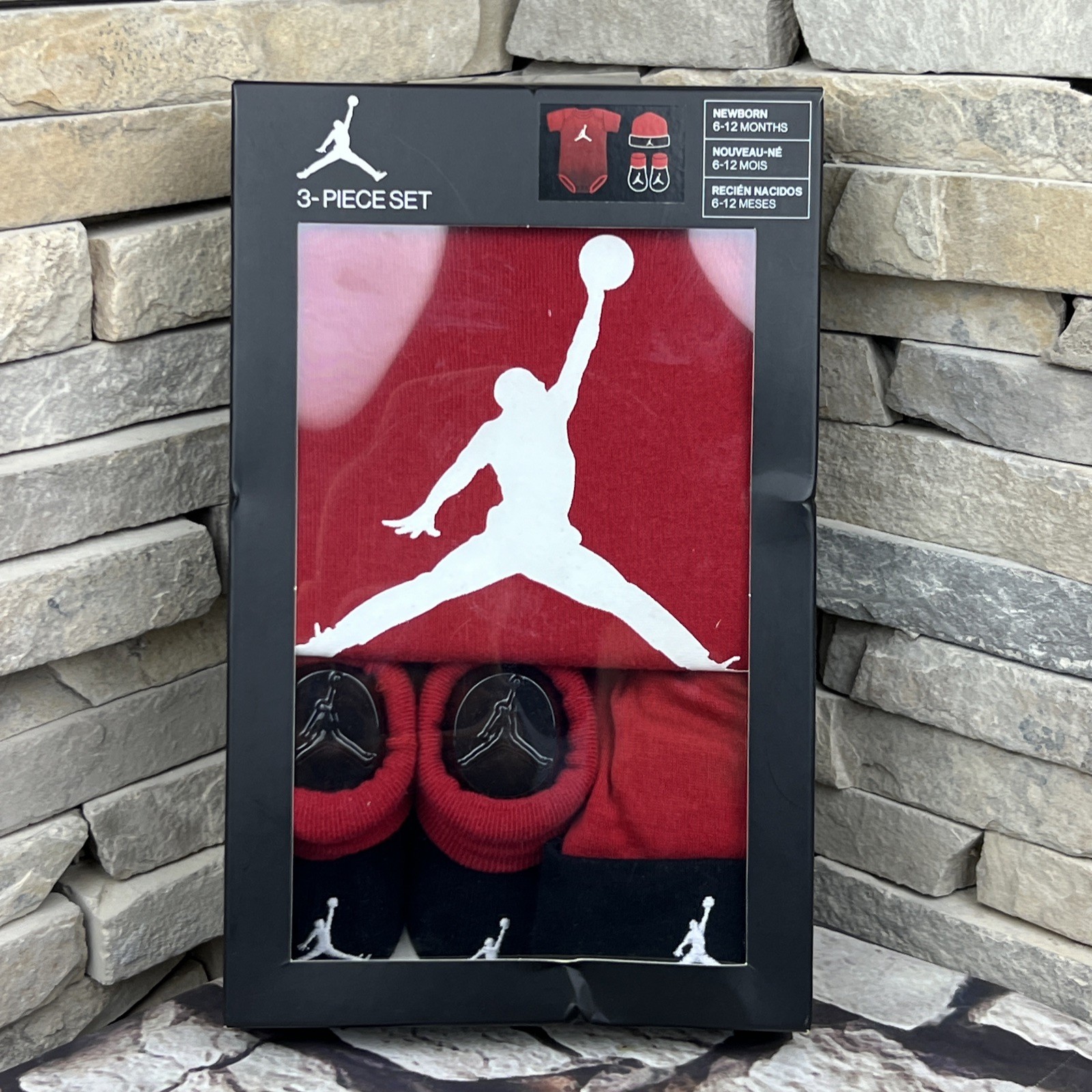 Nike Jordan Baby 6-12 Months Beanie Booties Bodysuit 3-Piece Red Black White