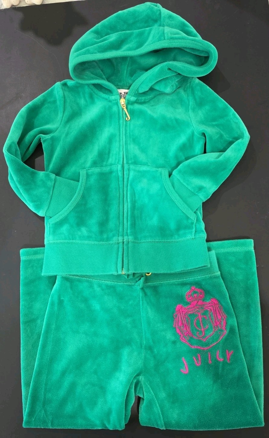 ​Juicy Couture Toddler Girls Velour Tracksuit Set 3T Green Pink Crest Y2K 2pc