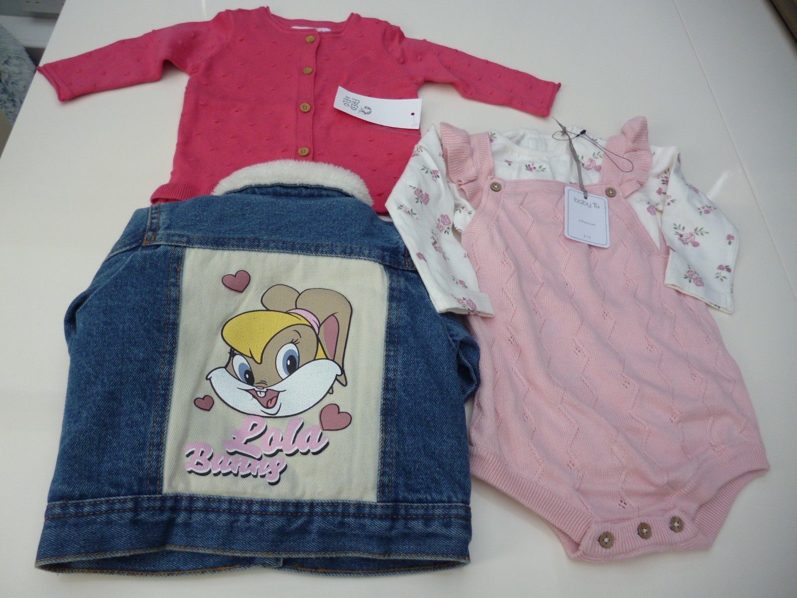 Baby Girl Clothes NWT X3 Denim Fleece Lined Looney Tunes Jacket & 2 X Knit Wear