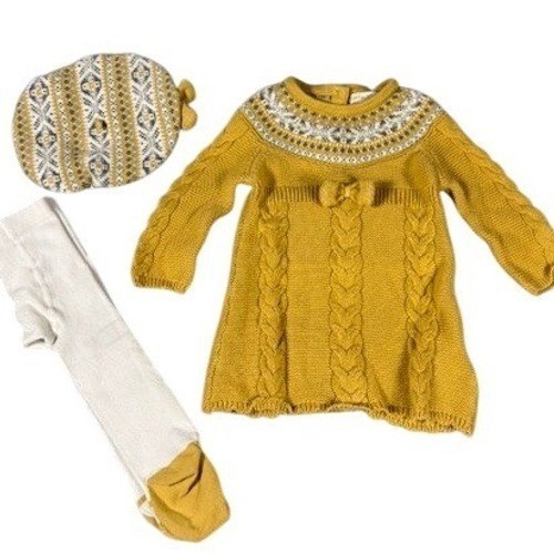 Cynthia Rowley Girl Mustard Yellow Cable Knit Sweater Dress Beret Tights 6-9M