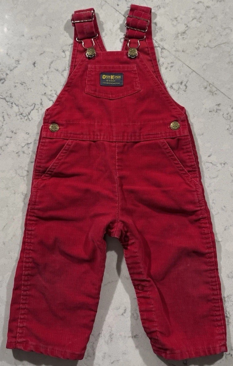 VTG OshKosh B’Gosh Overalls Toddler 18 MOS Red Corduroy Vestbak 90s Made In USA