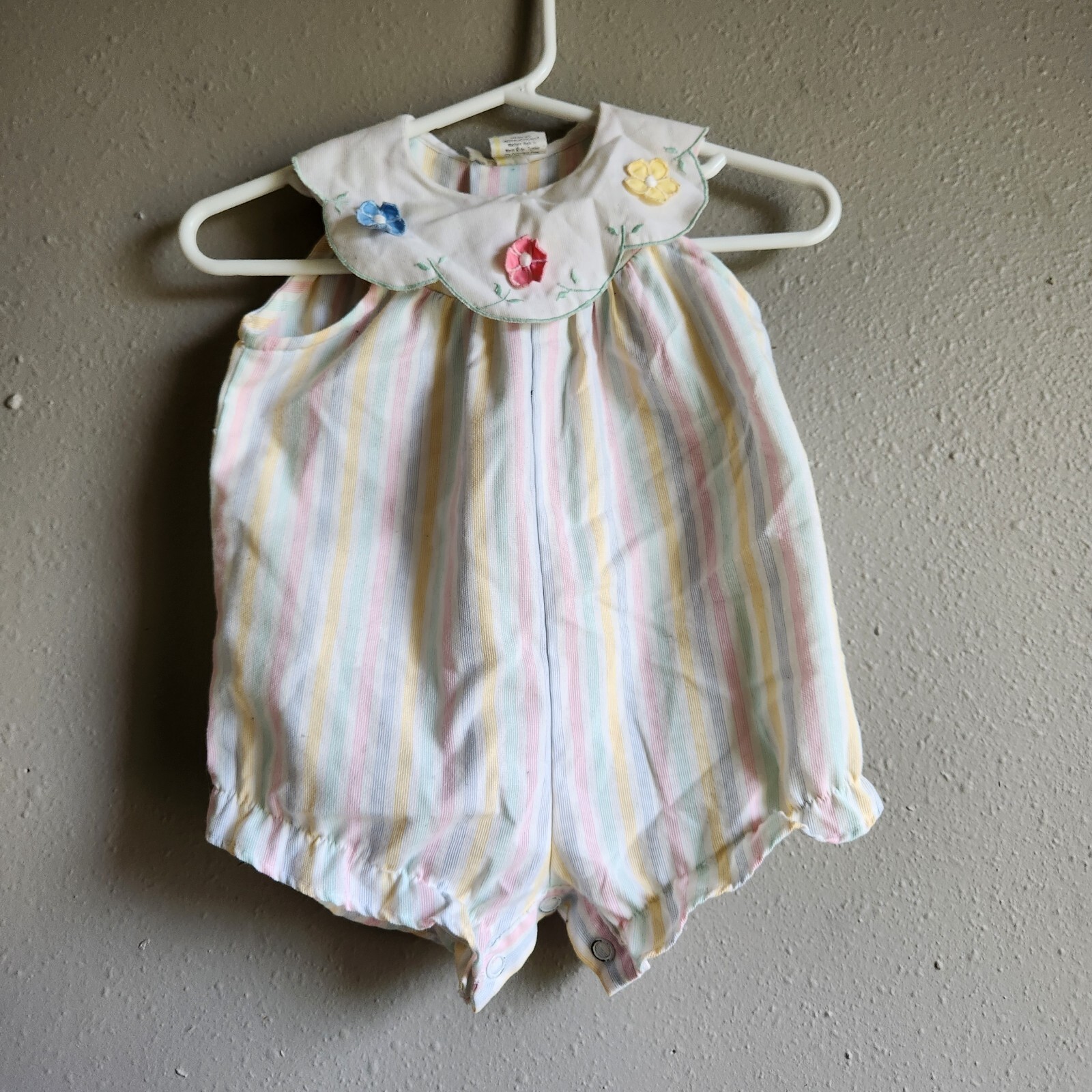 Vtg Baby Bubble Romper Pastel Stripe Embroidered Peter Pan Collar Snap Bottom