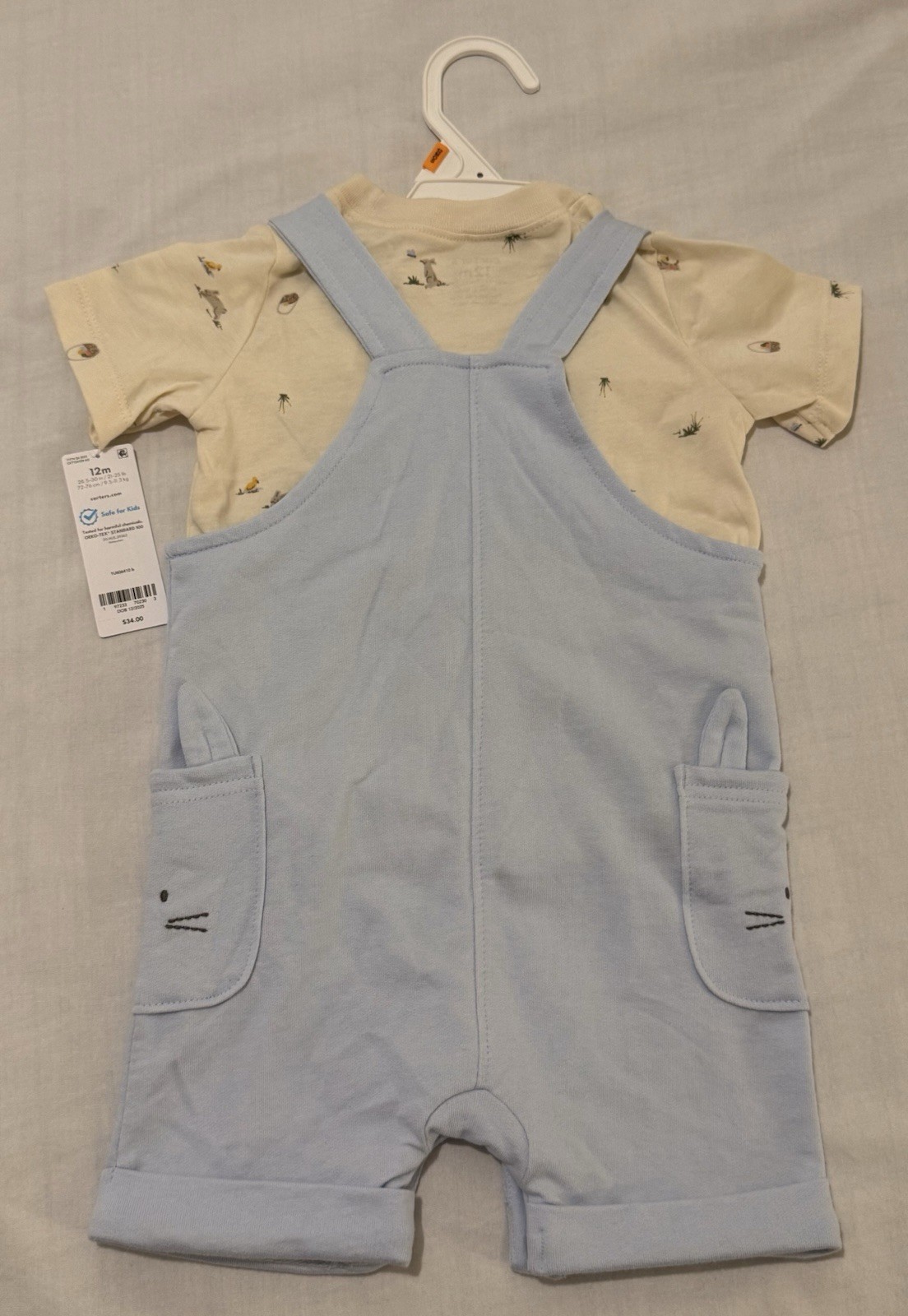 Carter’s 2-Piece Baby Outfit Set 12M Blue/Beige Bunny Overall & T-Shirt SS