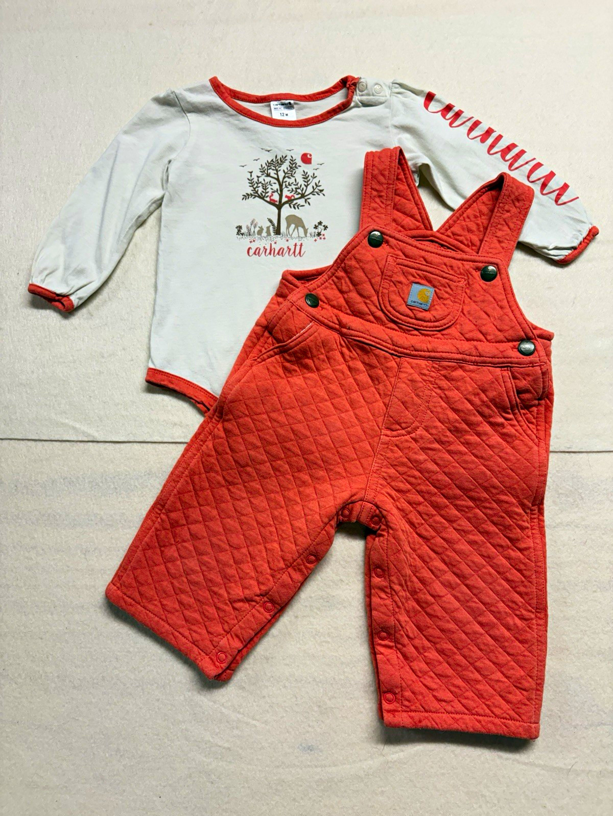 Carhartt 2-Piece Baby Set Orange Quilted Overalls & White Bodysuit 12M ST9950-G