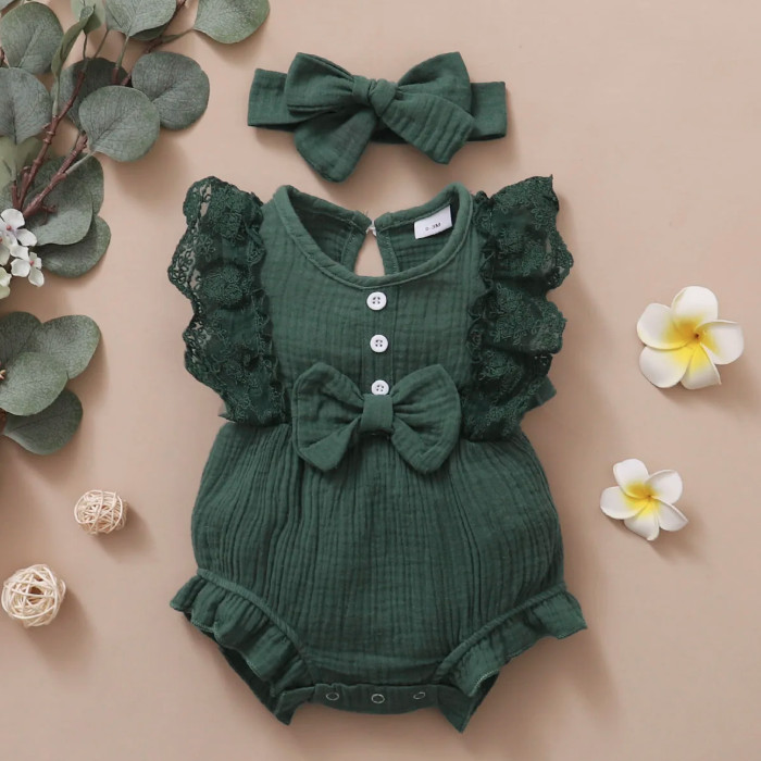 Newborn Baby Girl Green Plain Soft Bodysuit Lace Flared Sleeve Romper Headband