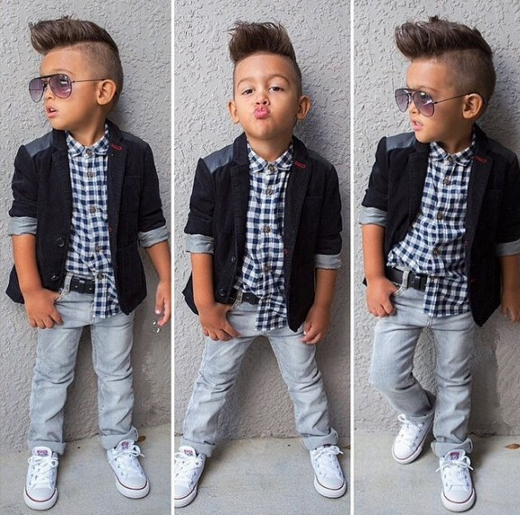 3PCS Baby Boys Dress Suit Coat/Plaids Shirt/Denim Pants Set Kids Clothes Outfits