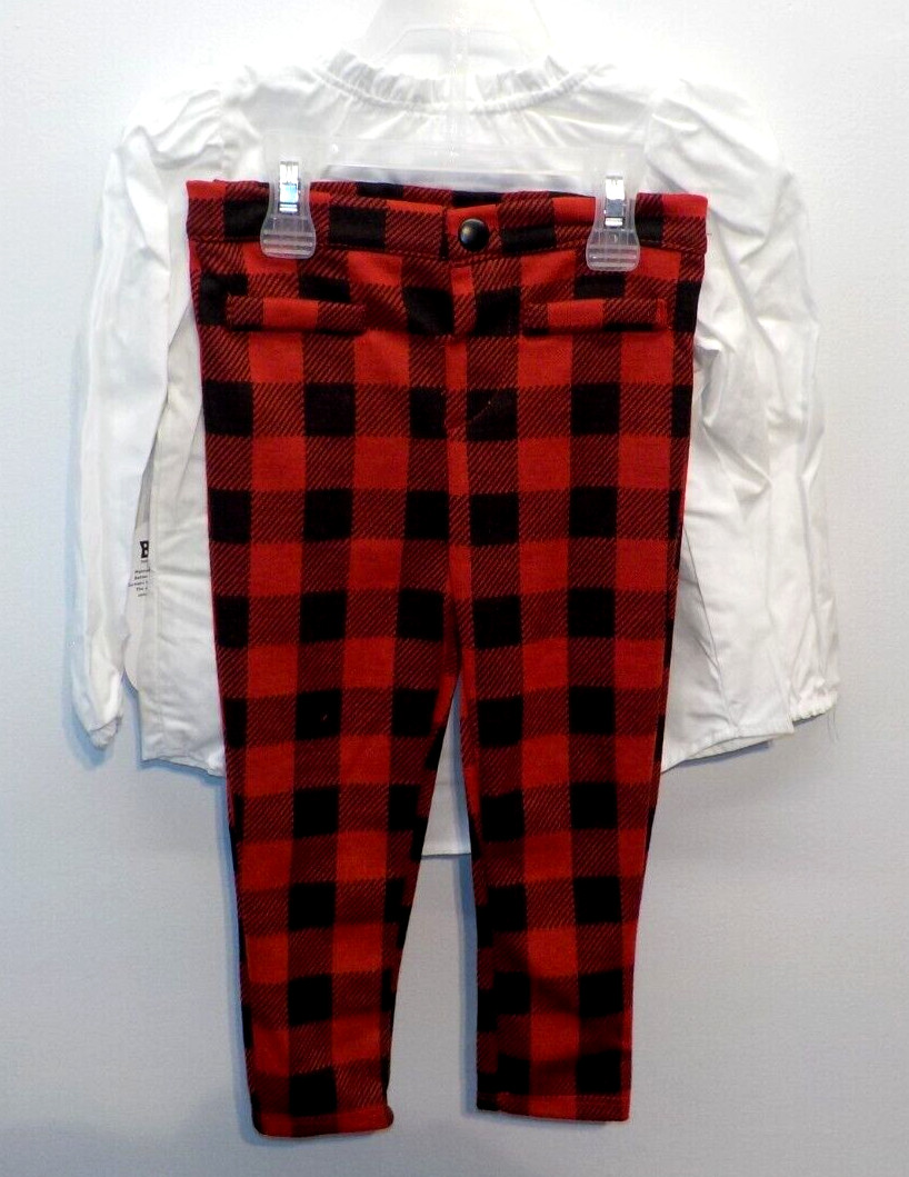 Wonder Nation Girl 2-Piece Pants Outfit Button White Blouse Plaid Pants Size 2T