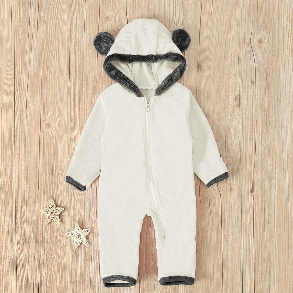 Boys Girls Bear Feet Polar Fleece Hooded Bodysuit Romper Jumpsuit Newborn Baby