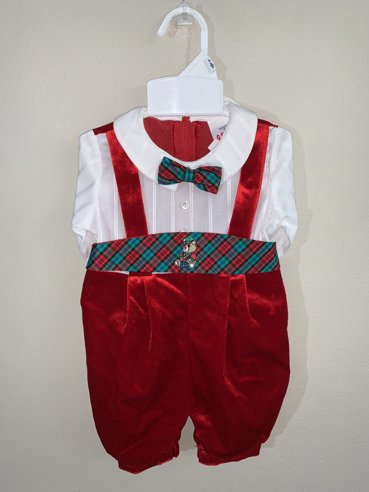 Infant Great Guy 2 Pc Overall Pants Shirt Bow Tie New Made USA Red 6/9 Months