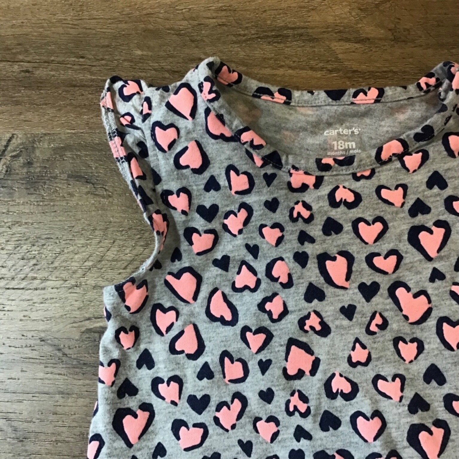 Carter’s Baby Girl Dress One Piece Bodysuit Heart Ruffle Gray Pink Size 18 Month