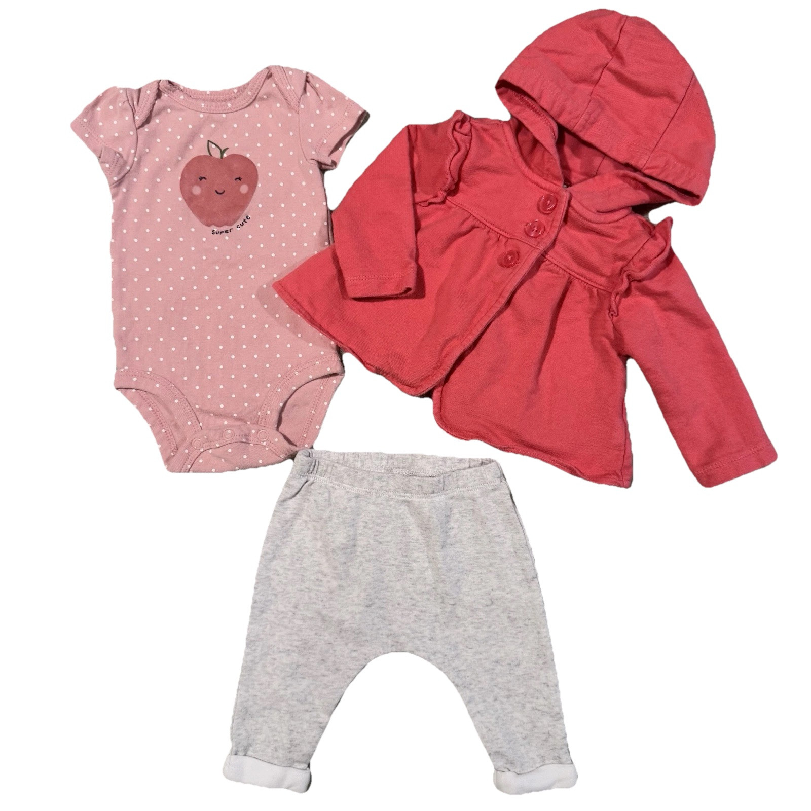 Carters Pink 3 Piece Set Baby Girl Outfit 3M Jacket Hood Leggings Sweater Apple