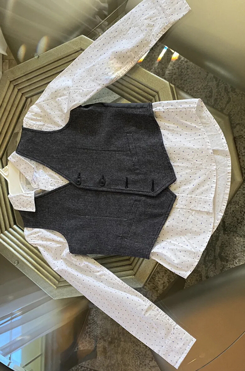 The Childrens Place Boys 7-8 White Button Up Dress Shirt And Vest Dark Grey
