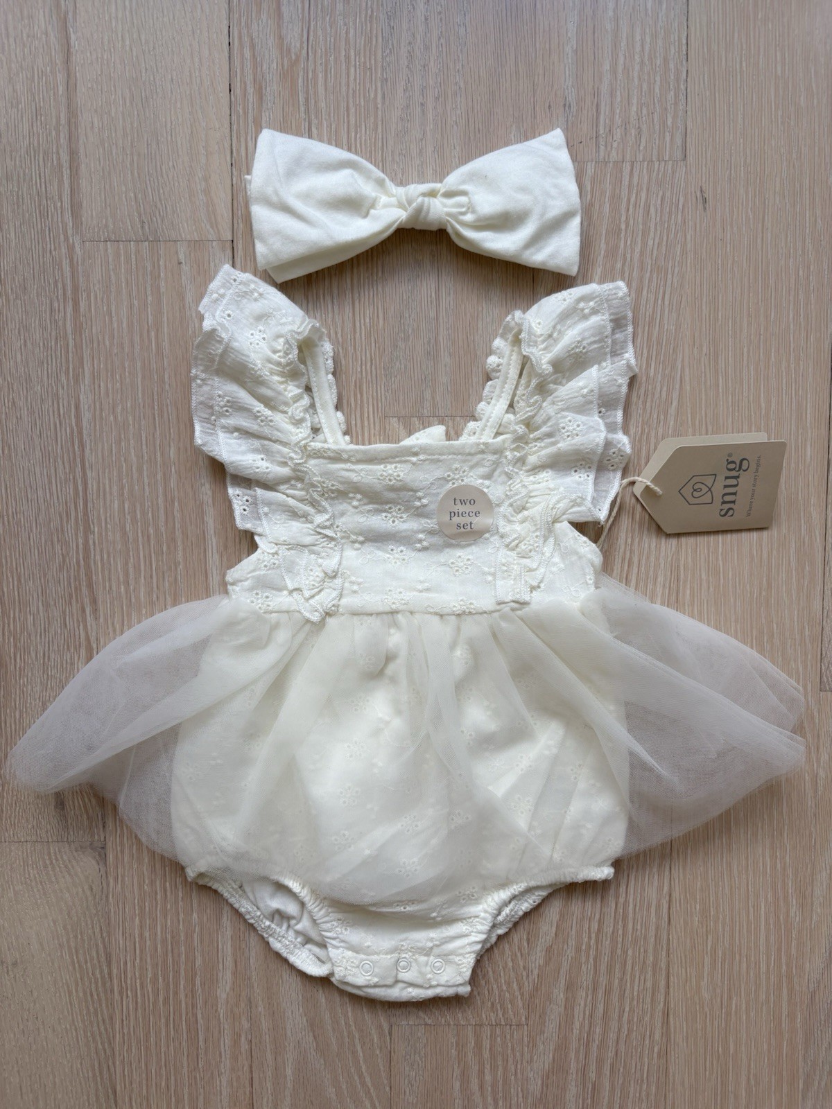 SNUG Size 3-6M Baby Cotton Flutter Eyelet Tulle Popover & Headband Set Ivory NWT