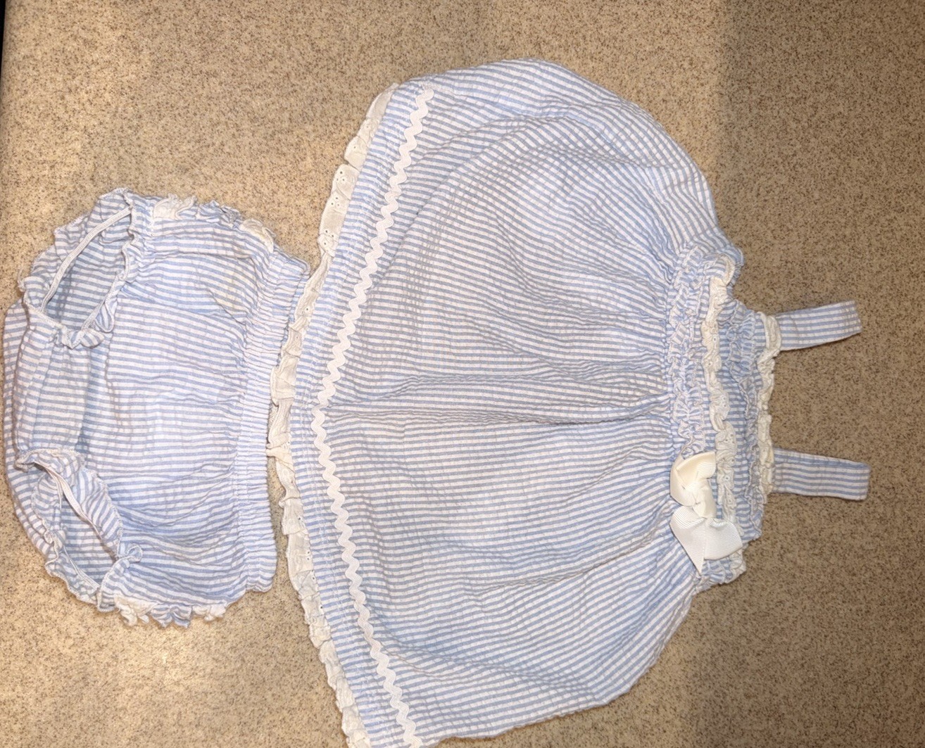 Blue White Striped Seersucker Dress Set with Bloomers, Sleeveless Ruffle Bow
