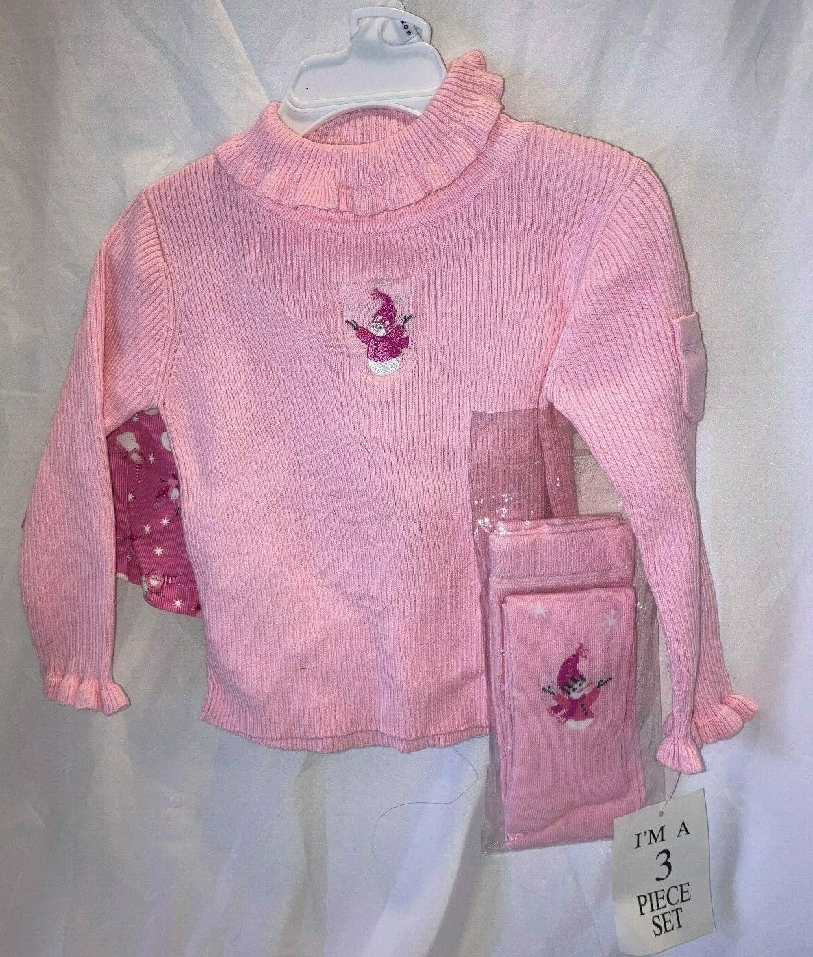 NWT Girls Pink Snowman 3 Piece Set Sweater Skirt Socks 24months Second Step