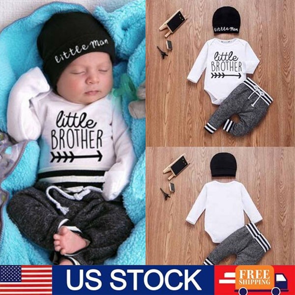 3Pcs Newborn Baby Boy Girl Bodysuit Jumpsuit Long Sleeve Romper Pants Hat Outfit