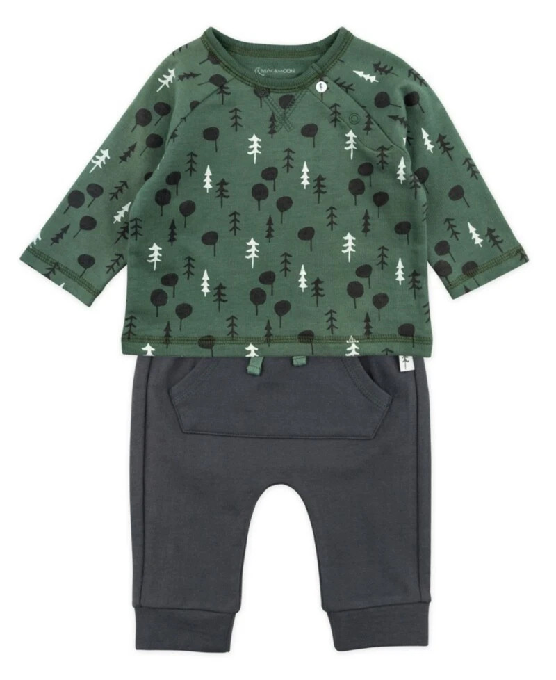 Mac & Moon Boys’ Casual Pants – Green Woodland Long-Sleeve Top & Gray Pocket Jog