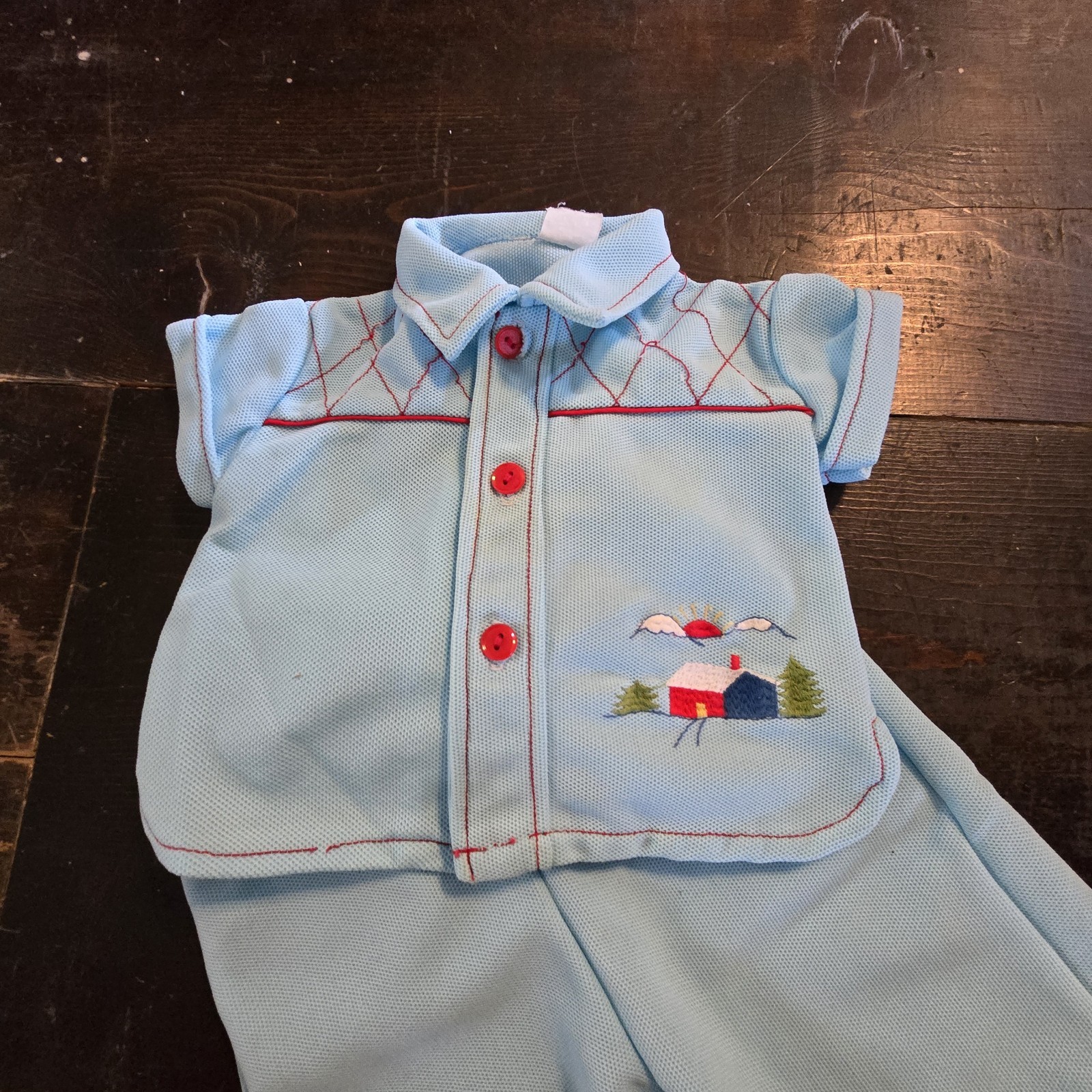 Vintage 70s 80s Baby Outfit Pants Shirt Blue Red 6-9 Months? Cabin Scene Snaps