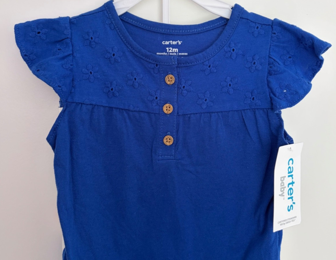 Carters Baby Floral Bodysuit Pant Set 12M Cotton Knit Eyelet Flutter Sleeve NWT