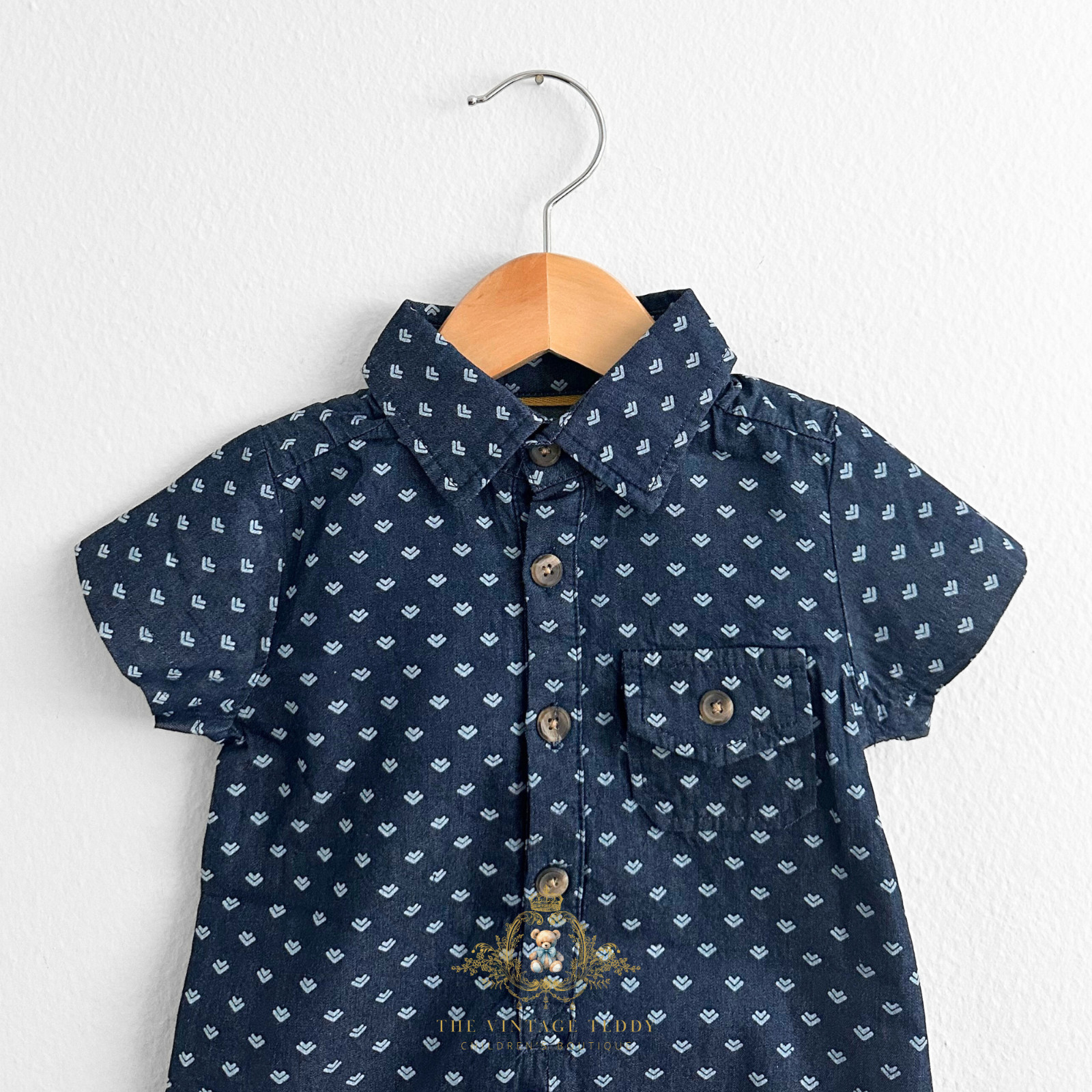 NWT Cute Boys Oxford Short Sleeve One-Piece Romper Shorts Navy Blue & White 12M