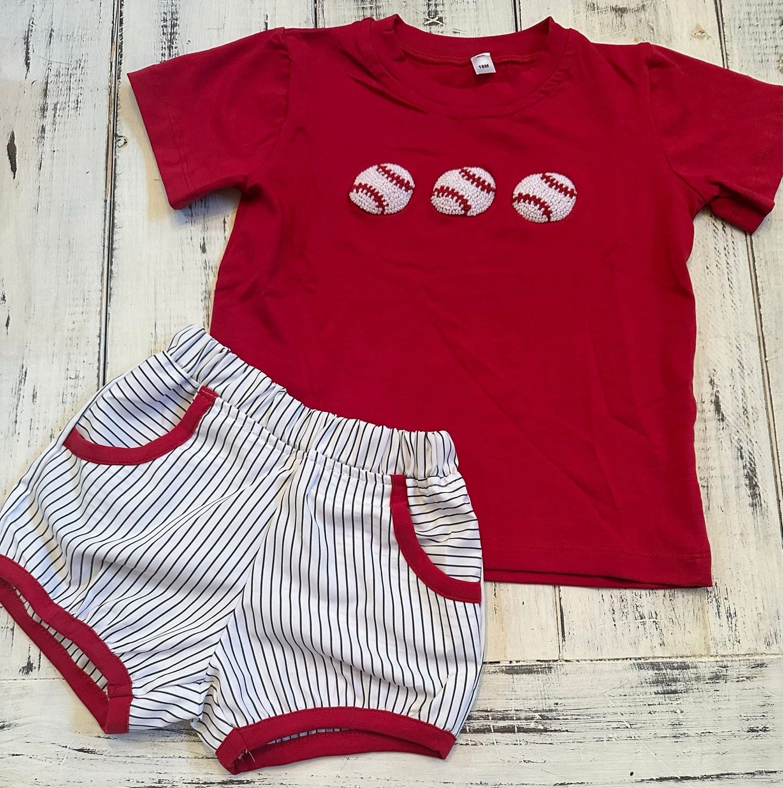 Baseball Sports Red Striped French Knot Shorts Set for Baby & Toddler, 2 Piece