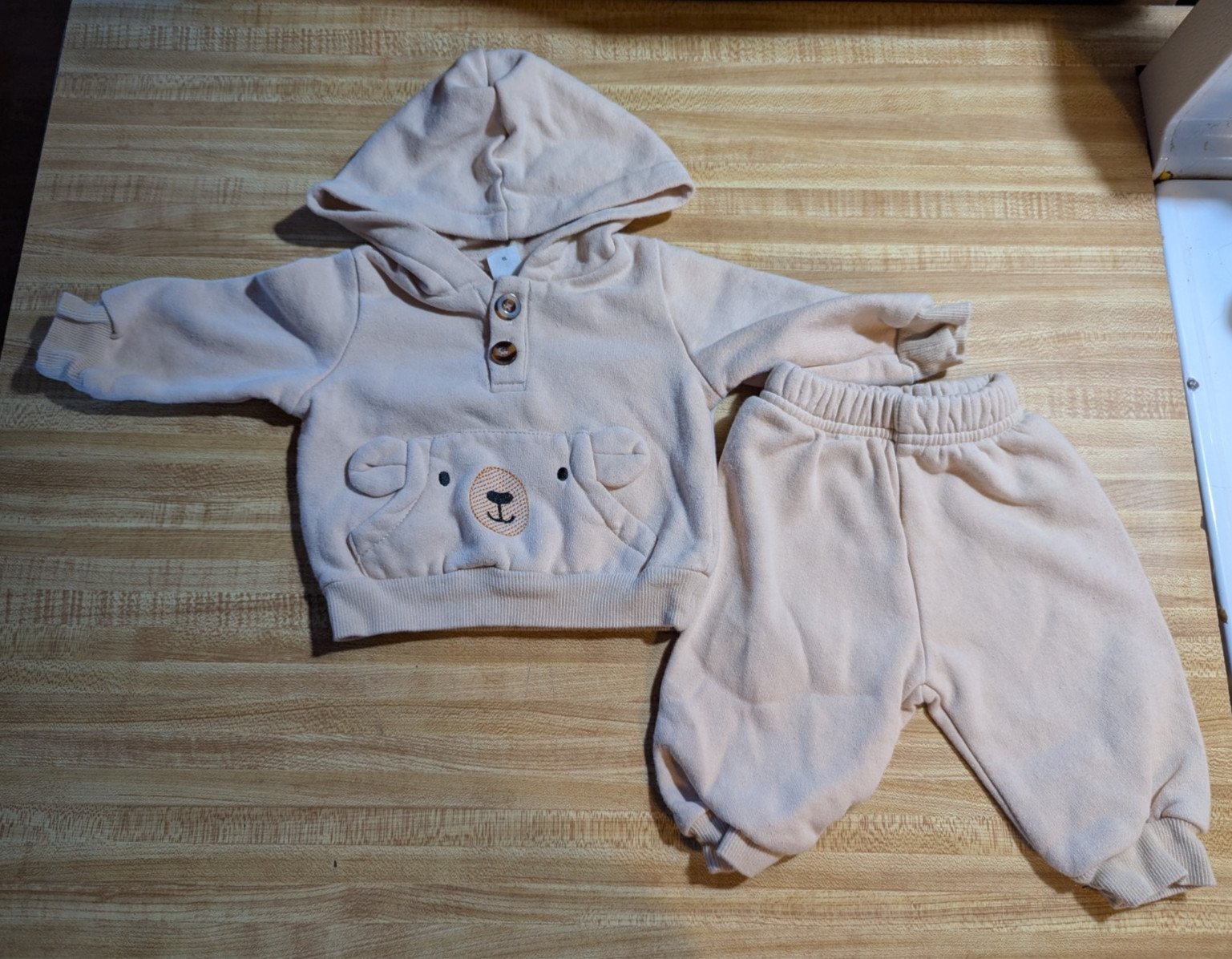 Shein Baby Boy Size 3 Months Cotton Blend Hooded Beige Teddy Bear Sweatsuit