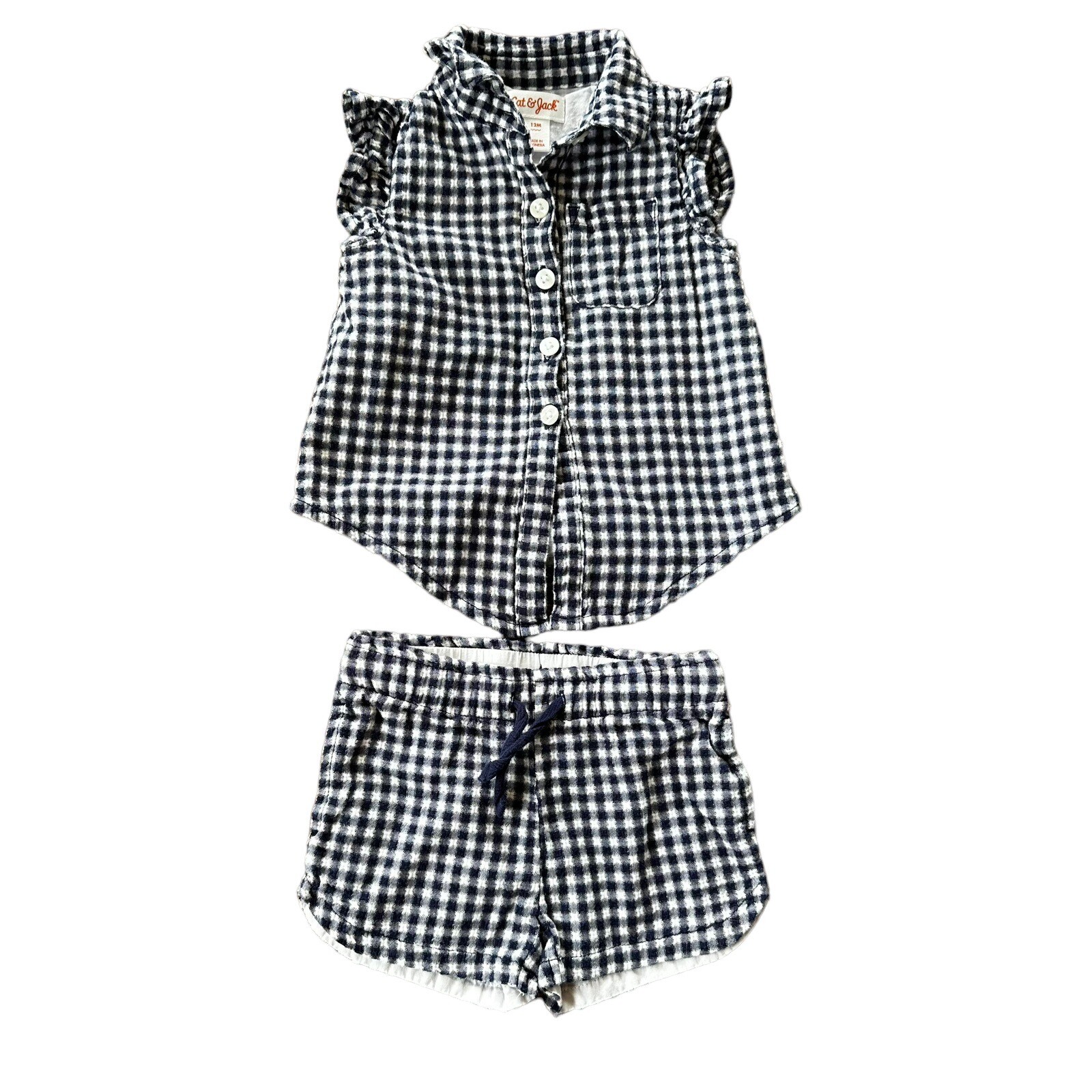 Cat & Jack Girls Gauze Gingham Check Shirt Shorts Set Sz 12 Months Navy White